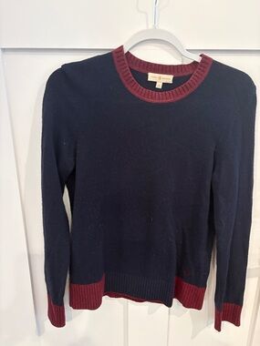 Tory Burch Navy Crewneck Sweater with Burgundy Trim